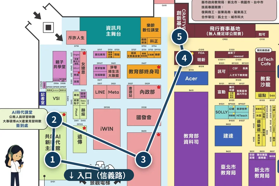 115 資訊月暨臺灣教育科技展平面圖（局部放大），標出科技愛好者路線的站點，動畫依序連線站點 1→5