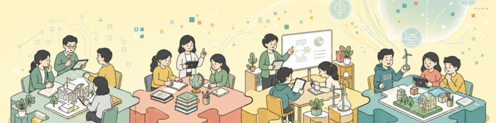 教師與學生在智慧教室中使用 AI 的插畫