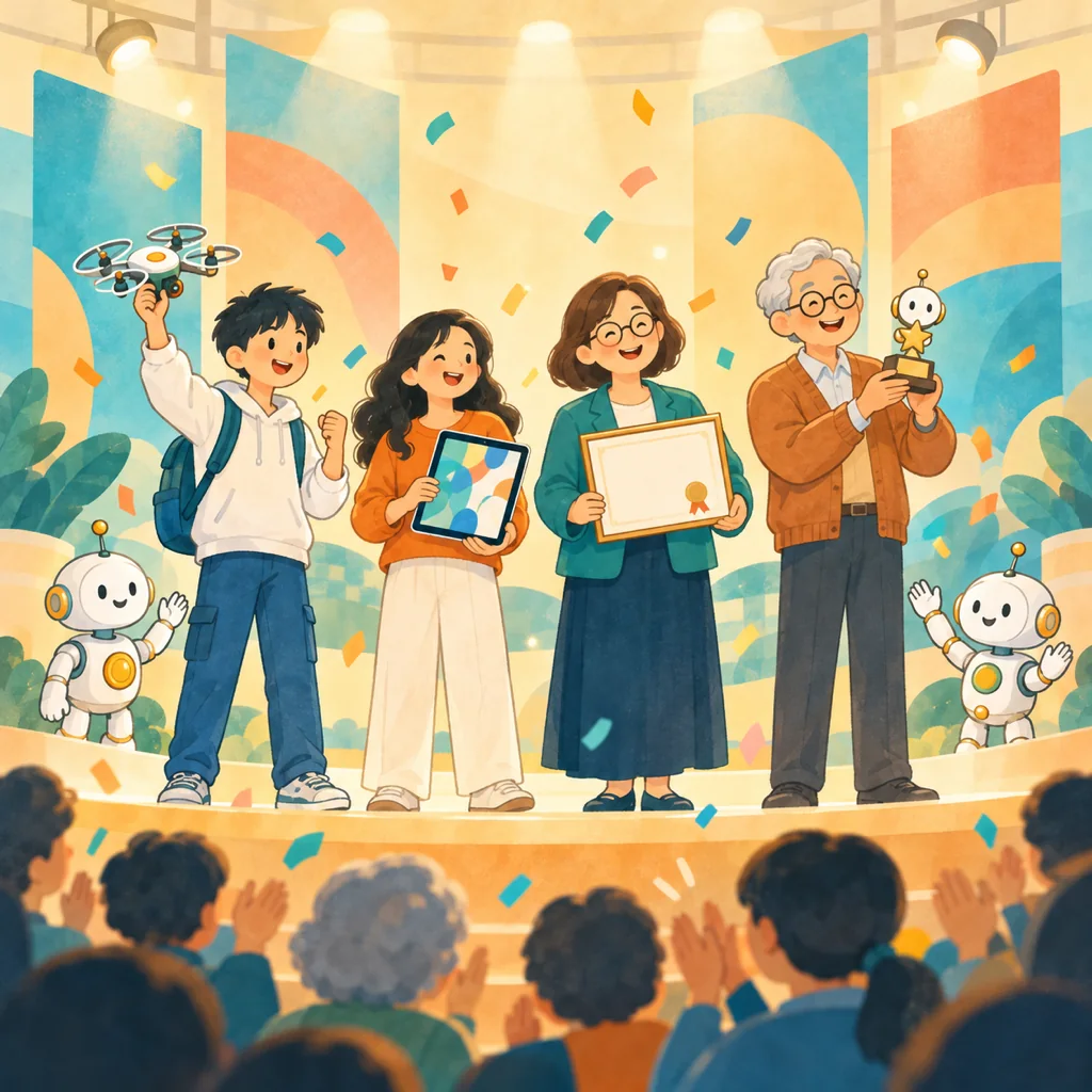 得獎者在舞台上展示成果的插畫