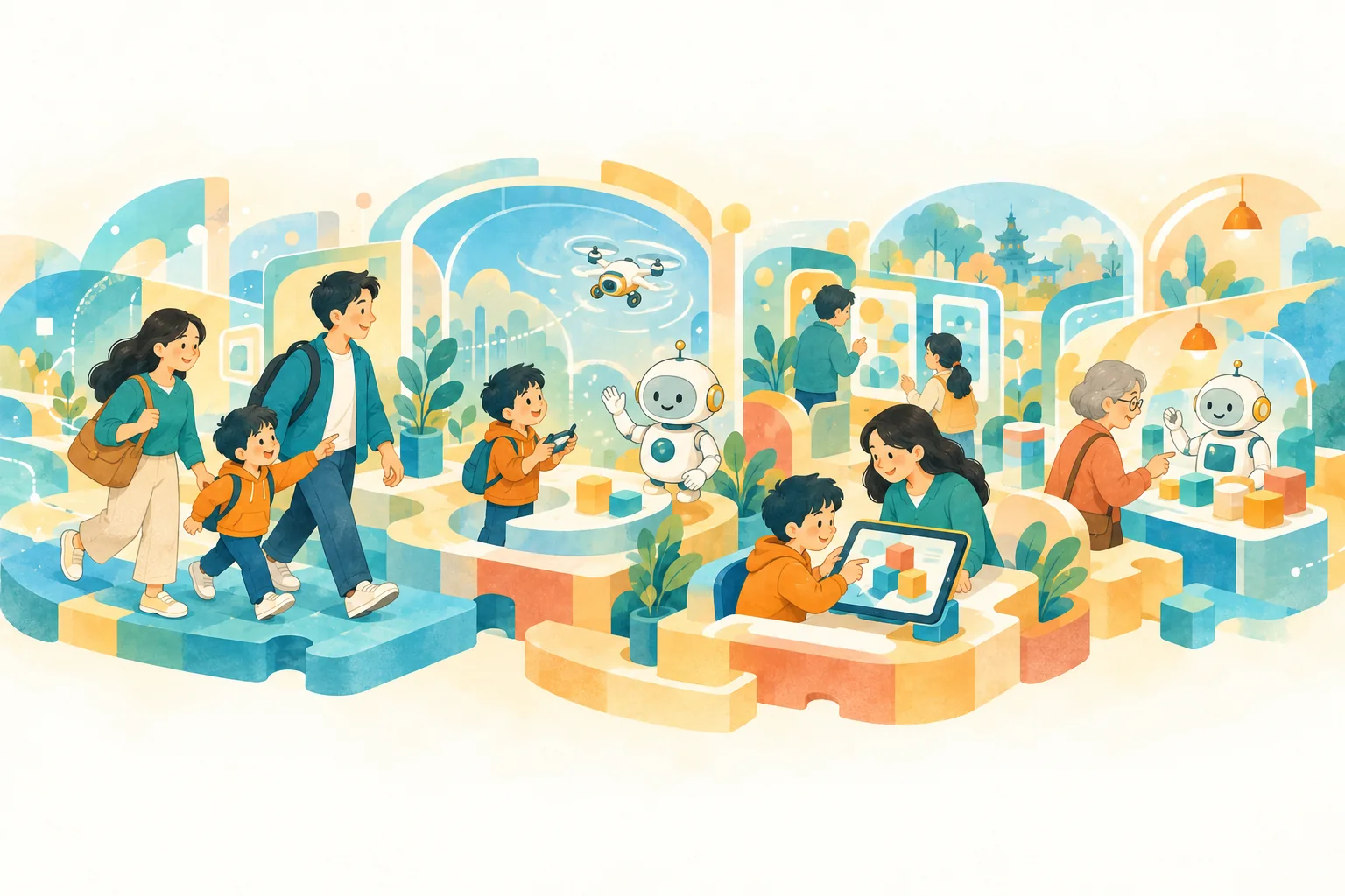 家長與孩子一起逛展體驗 AI 的插畫