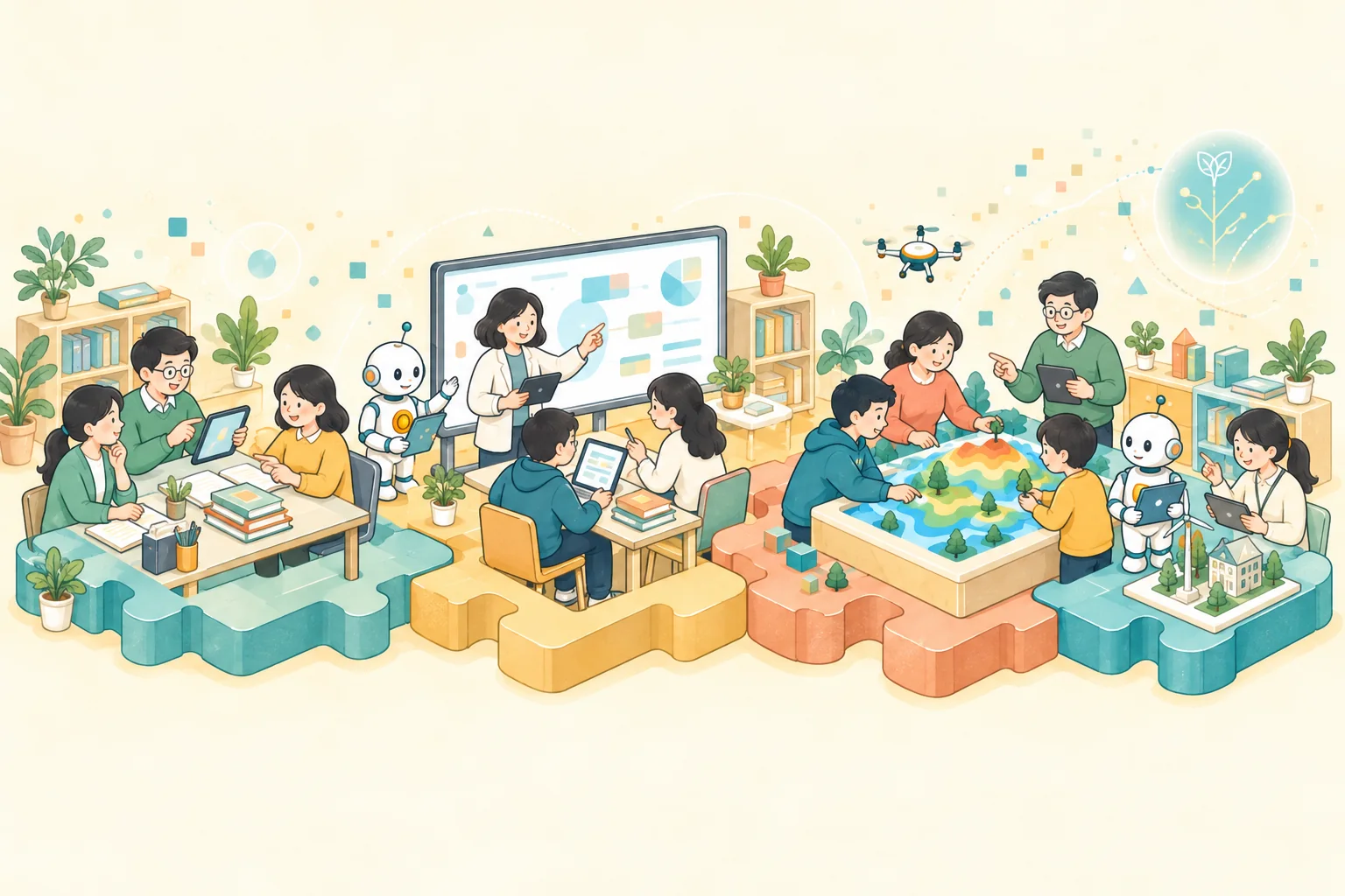 教師在智慧教室示範區交流的插畫