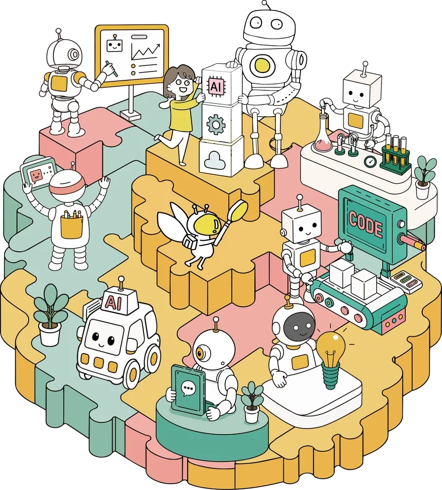 2026 臺灣教育科技展主視覺：機器人、師生與拼圖積木組成的學習島插畫