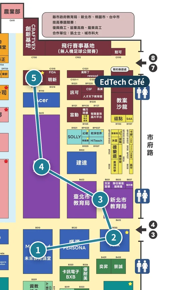 115 資訊月暨臺灣教育科技展平面圖（教科展區局部放大），標出教育工作者路線的站點，動畫依序連線站點 1→5